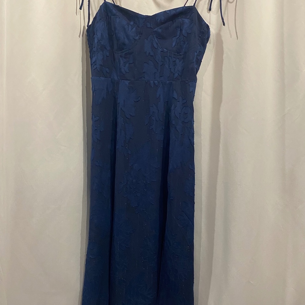 Lulu's - Navy Blue Floral Jacquard Tie-Strap Dress